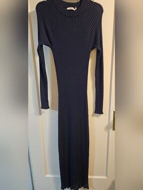 NA-KD Ribbed Knit Maxi Dress Long Sleeve Bodycon Navy Knit Dress Blue Size M